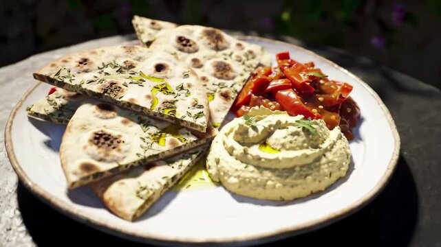Mediterranean Mezze Platter with Hummus, Roasted Peppers, and Herb Flatbread