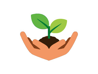 Vector art of hands holding a small plant with soil