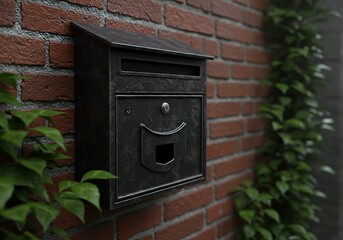 Detailed Realistic Black Metal Mailbox Attached to a Red Brick Wall