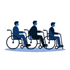 Fototapeta premium Vector art of three disabled men in wheelchairs in a row