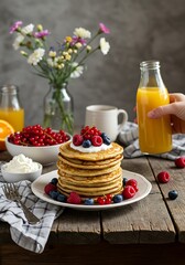 Delicious Stack of Pancakes with Fresh Berries and Orange Juice Breakfast