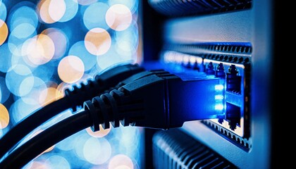 Close-up of network cables plugged into a glowing blue switch, symbolizing fast data connection and modern technology in a server room.