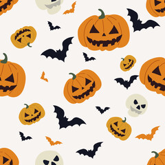 Pattern Seamless Halloween Pumpkins Bats and Skulls