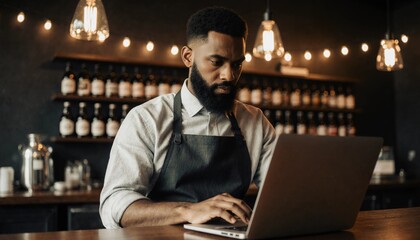 A bearded man in an apron working on a laptop, managing his business in a cozy bar.