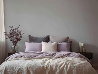 Obraz premium A serene bedroom displays a muted palette of lavender and beige linens, complemented by a muted gray wall and dried flowers in a glass vase.