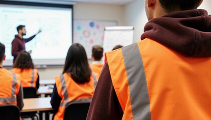 Students in high-visibility vests attending a safety training course in a modern classroom.