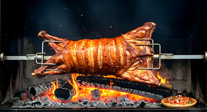 Mexico &ndash; Cabrito al Pastor (Whole Baby Goat). a whole baby goat splayed on a metal cross spit, rotating before a massive mesquite wood fire 