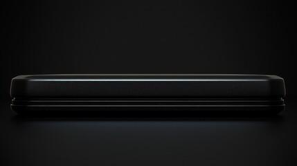 A dark, rectangular, matte-black object, likely a case or device, sits horizontally on a dark reflective surface