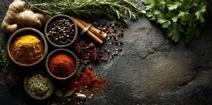 Assorted spices and herbs in bowls on a dark stone surface