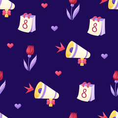 Seamless pattern with calendar and megaphone on dark background. March 8 Women's Day. Vector illustration.