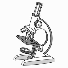 Simple black and white illustration of a laboratory microscope with multiple lenses and a stage for viewing samples
