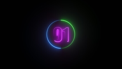 Neon glowing number 1 text illustration on black background.	