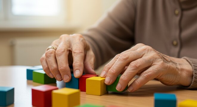 Engaging activities for seniors: Elderly woman enjoys building with colorful wooden blocks
