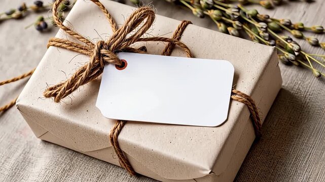Rustic Wrapped Gift Box with Blank Tag Adorned by Natural Twine on Linen Surface with Dry Botanical Accent