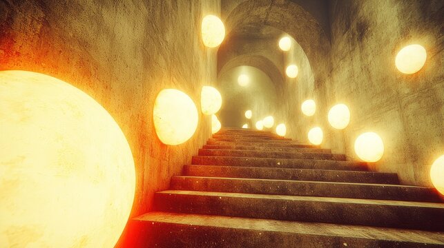 A dimly lit, concrete tunnel with glowing orbs ascending a staircase
