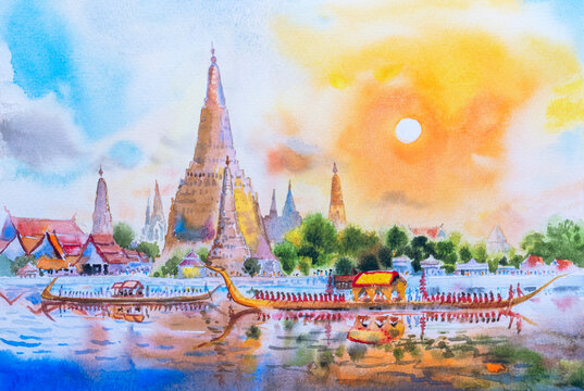 Wat Arun Temple Royal Barge Procession  Royal Kathin in bangkok Thailand. Watercolor painting.