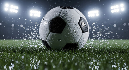 Fototapeta premium Dynamic soccer ball covered in raindrops splashes on wet grass under stadium lights