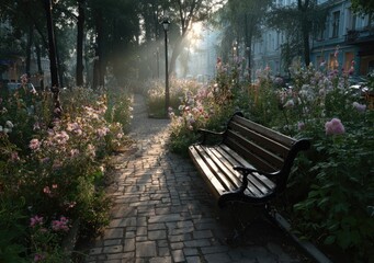 Sunny park path with flowers and bench