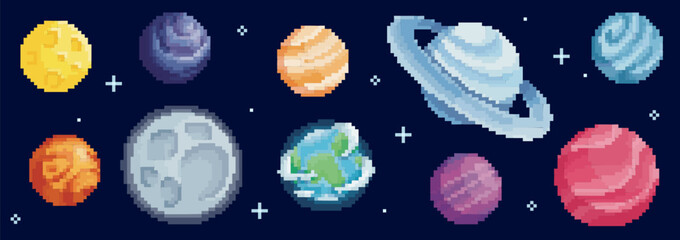 Pixel space planet set with 8 bit moon, Saturn rings and Earth globe for cosmic game design. Colorful celestial bodies, Mars and Jupiter with stars. Retro galaxy sprites for astronomy adventure. © klyaksun