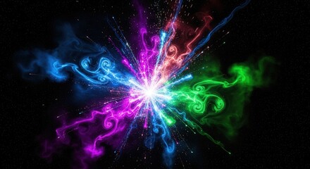 Vibrant abstract explosion of colorful light trails against a dark cosmic backdrop