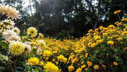 Lush garden of yellow and white flowers