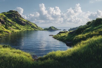 Serene mountain lake nestled amidst rolling hills under a partly cloudy sky