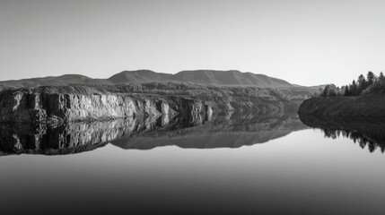 Fototapeta premium Silent mirrored lake cradles rugged cliffs, echoing solstice whispers and reflecting meditative whispers of Earth's tranquility