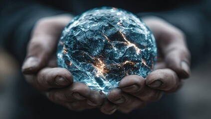 A glowing, cracked sphere held in weathered hands