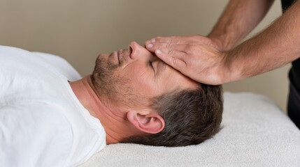 Gentle hands channel serene energy into a resting Caucasian man's brow, evoking World Reiki Day's healing tranquility