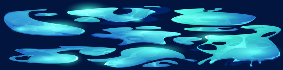 Water wave and puddle game collection with glowing turquoise pools, liquid spills and flowing surface for aquatic level. Illumination effect with ripples. Ocean floor graphics for underwater adventure © klyaksun