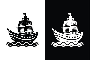 Black and White Pirate Ship Silhouette. Cruise Ship Sailing Vector Illustration
