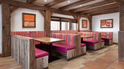 Naklejka premium Cozy rustic diner with vibrant geometric upholstery, exuding Southwest hospitality, perfect for Fiesta de la Candelaria celebrations