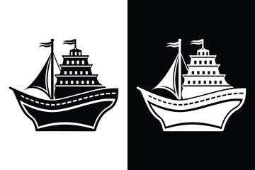 Pirate Ship Icon Silhouette. Black Cruise Vessel Sailing Line Art Vector