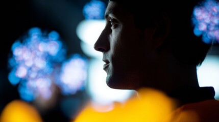 ```markdownIn ethereal focus, an Asian man contemplates amidst neon bokeh, echoing Diwali's luminance and dreams of Tanabata wishes```