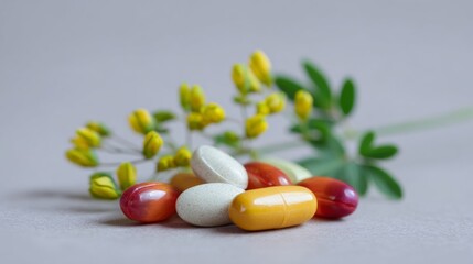 Colorful capsules rest beside blooming rue blossoms, evoking wellness in Vernal Equinox traditions and holistic herbalism celebrations