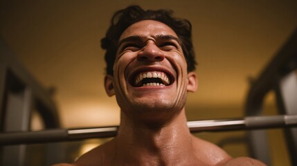 Obraz premium Joyful expression of Hispanic male during intense gym session, celebrating International Day of Happiness and World Health Day