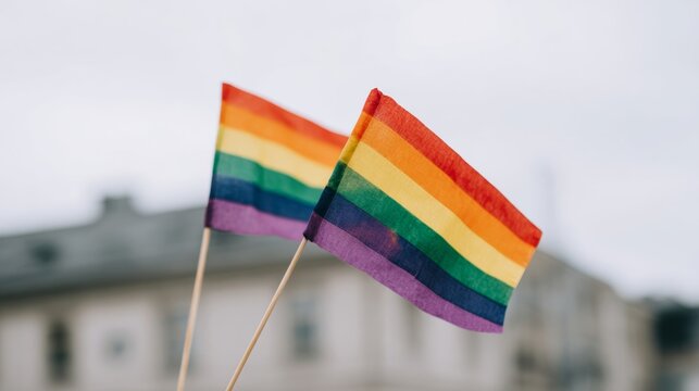 Two vibrant rainbow flags flutter against a gray sky, symbolizing diversity celebration, Pride Month, and inclusion awareness