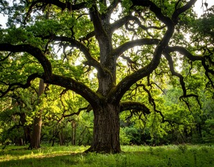 Obraz premium Majestic oak tree in a sunlit forest