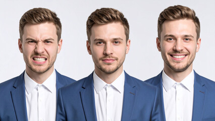 combination of three portraits of the same man with different facial expressions ranging from angry to neutral to smiling