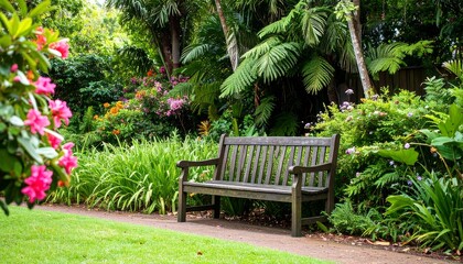 Obraz premium Lush garden with a bench