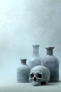 Ethereal skull and misty phials conjure Samhain whispers, cryptic alchemy, spectral veils, and mystery-laden Library Lovers' Day