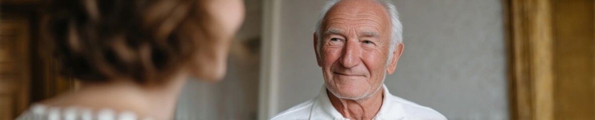 Obraz premium Elderly Caucasian mans serene smile gazes toward woman, encapsulating Grandparents Day nostalgia and mid-century friendship warmth