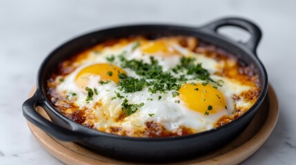 Sizzling shakshuka with vibrant egg yolks rests in a cast-iron skillet, perfect for savoring on World Egg Day or Tu Bishvat