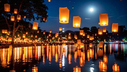 Floating lanterns released onto a river, reflecting in the water under the bright moon.