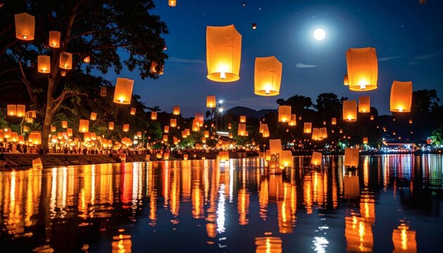 Floating lanterns released onto a river, reflecting in the water under the bright moon.