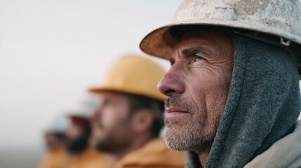 Stalwart workers gaze into dawn's promise, embodying unity and resilience; evoke Labor Day spirit and Harvest Moon festival