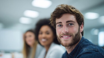Obraz premium ```plaintextEuropean male in vibrant office cosmos, engaging teamwork harmony, celebrating Global Community Day, capturing unity in diversity essence```