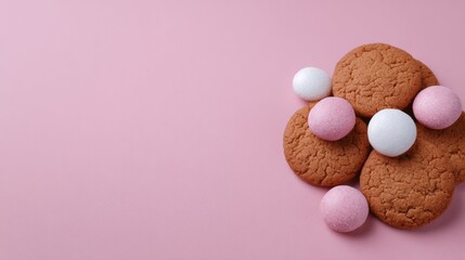 Rustic ginger cookies with pastel spheres, reminiscent of a dreamy, whimsical Tea Cake Day or cheerful Festivus celebration