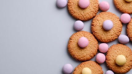 Crunchy cookies crowned with pastel candies evoke Easter joy, whimsical tea parties, and springtime celebrations; a deliciously delicate delight