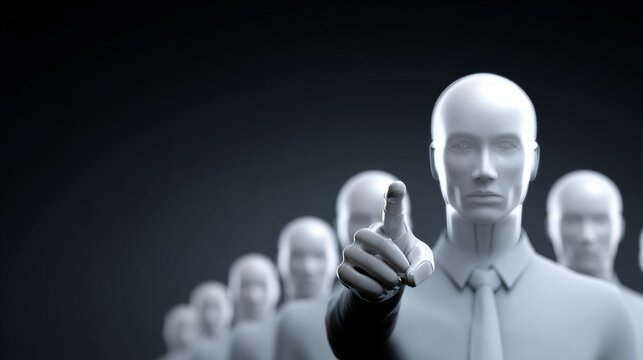 A procession of monochrome android silhouettes points ahead, embodying Futurist Days tech embrace and the uncanny valley intrigue